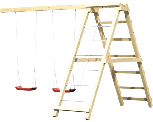 Tour de jeu en bois avec deux balançoires et échelle d''escalade