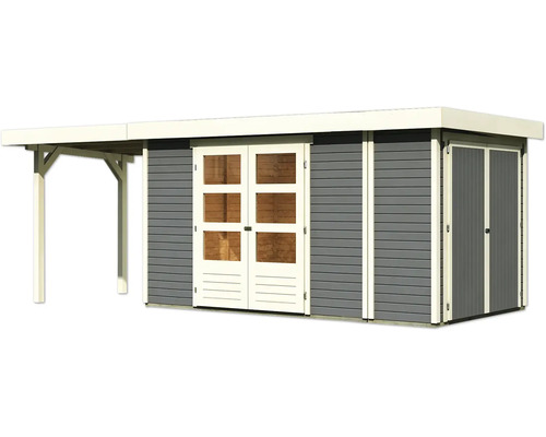 Abri de jardin avec double porte, fenêtres et auvent