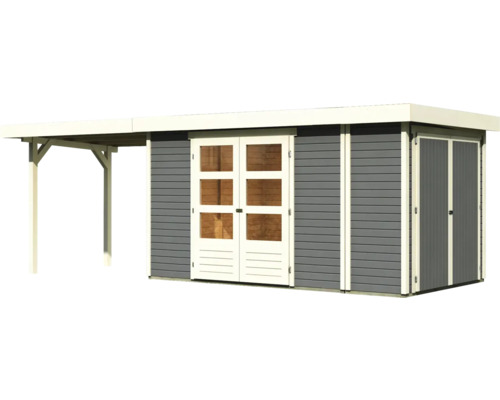 Abri de jardin avec porte double, fenêtres et auvent