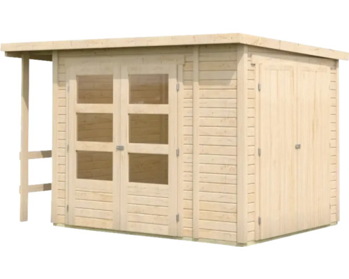 Holzgartenhaus mit Doppeltür und Anbau