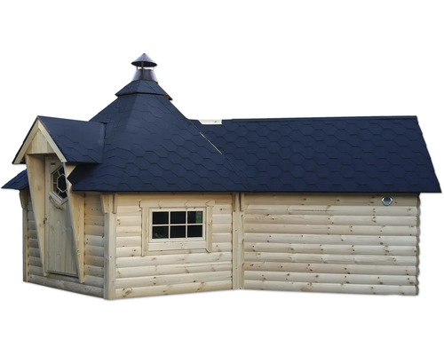 Grill Kota Finnhaus 9 de luxe B avec extension sauna, bardeaux noirs, plancher, espace barbecue 376 x 570 cm naturel