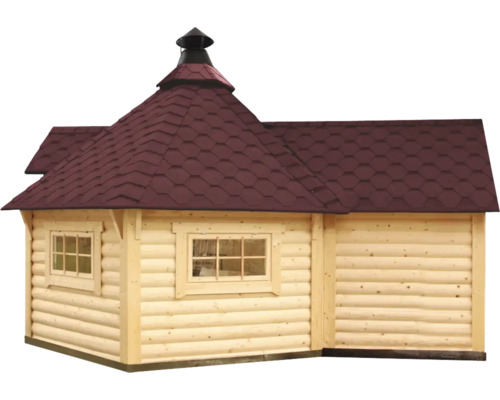 Grillkota Finnhaus 9 de luxe B inkl. Saunaanbau, rote Dachschindeln, Fussboden, Grillanlage 376 x 570 cm natur