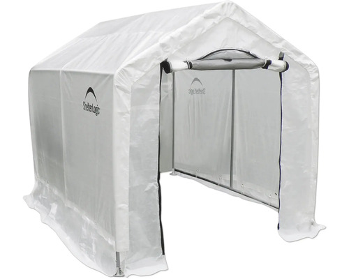 ShelterLogic Logo. Weisses Lagerzelthalle für den Aussenbereich.