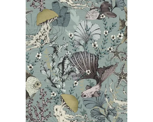 Papier peint intissé 97149 immersion bleu vert Papier peint avec motifs marins représentant des méduses, des poissons, des coraux et des étoiles de mer