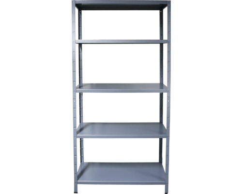 Graues Metallregal mit fünf Böden für Lagerzwecke.