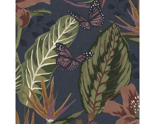 Papier peint intissé floral bleu pink vert Papier peint avec des feuilles, des fleurs et des papillons