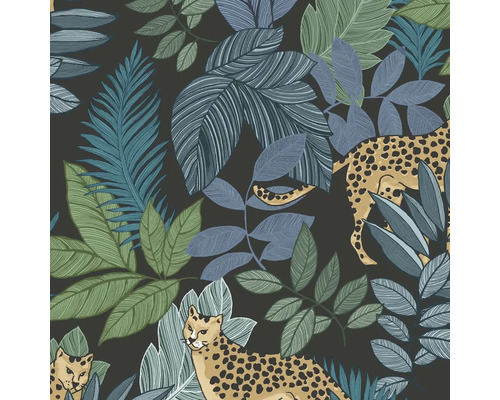 Papier peint intissé géométrique retro vert Papier peint avec motifs de jungle et léopards