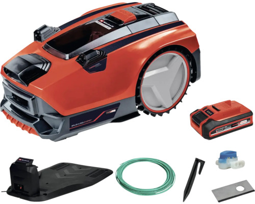 Robot tondeuse Einhell avec station de charge, batterie, câble périphérique, piquets, connecteurs et lames de rechange