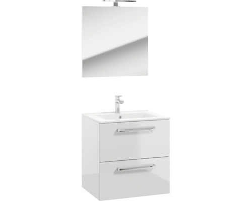 Ensemble de meubles de salle de bains NELSON 60 cm blanc brillant 4 pièces meuble bas incl. lavabo en céramique et miroir/luminaire