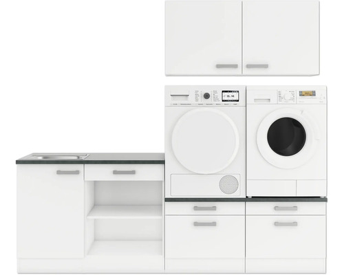 Buanderie avec meuble sous-lavabo, lave-linge, sèche-linge et armoire suspendue