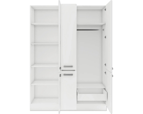 Offener weisser Kleiderschrank mit Regalen, Kleiderstange und Schublade.