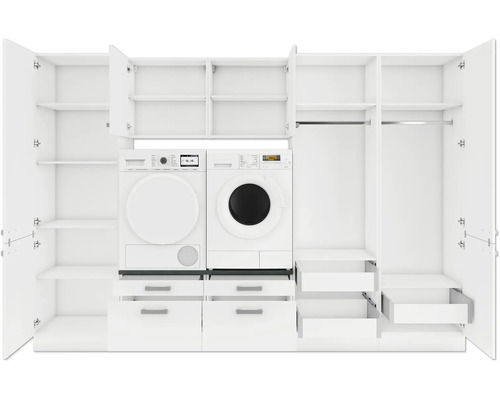 Weisser Kleiderschrank mit Waschmaschine, Trockner und offenen Türen