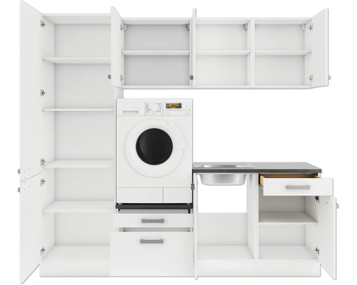 Meubles de buanderie avec machine à laver, évier et armoires