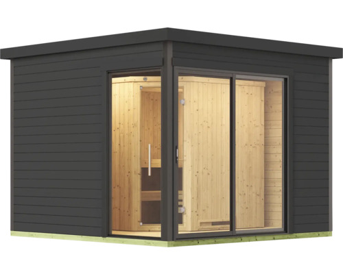 Moderne Gartensauna mit Glasschiebetür und Holzverkleidung