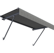 Markise mit grauer Stoffbespannung und schwarzem Gestell