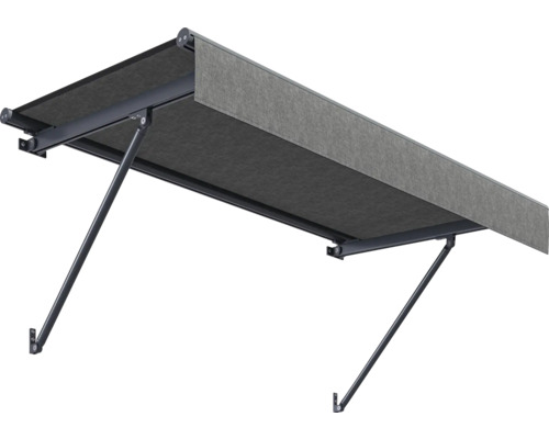 Markise mit grauer Stoffbespannung und schwarzem Gestell