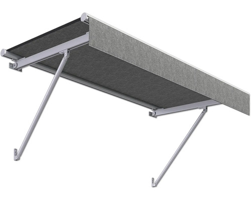 Store banne à bras articulé déployé en tissu gris