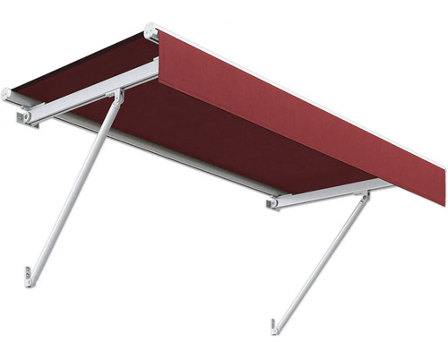 Store de terrasse avec structure blanche et tissu rouge
