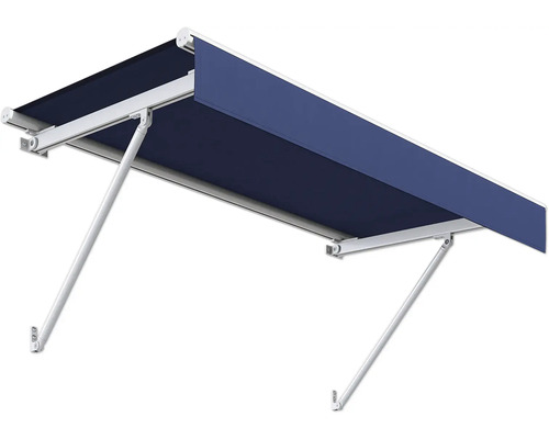 Store avec tissu bleu et structure blanche