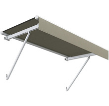 Store banne à bras articulés avec revêtement en tissu et structure blanche