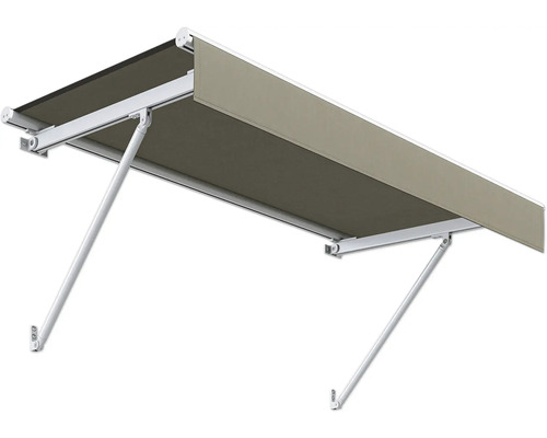 Store banne à bras articulés avec revêtement en tissu et structure blanche