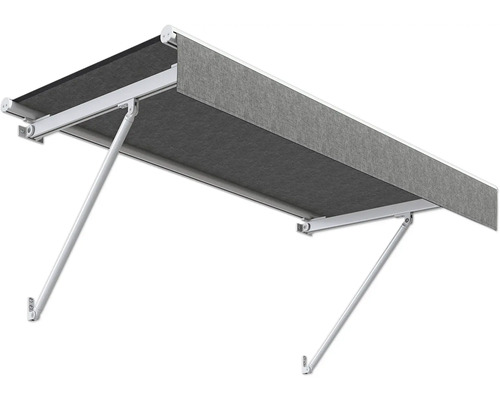 Gelenkarmmarkise mit grauem Stoff und weissem Gestell