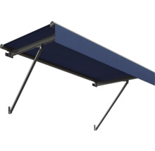 Store banne à bras articulés avec toile bleue et structure foncée