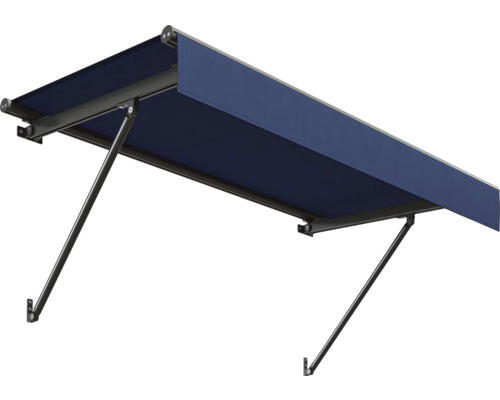 Store banne à bras articulés avec toile bleue et structure foncée