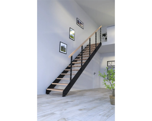 Escalier avec marches en bois et rampe en métal dans une pièce lumineuse