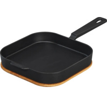 Poêle à griller carrée en fonte avec dessous de plat en bois