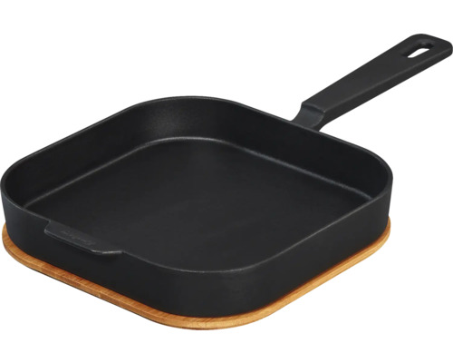 Poêle à griller carrée en fonte avec dessous de plat en bois