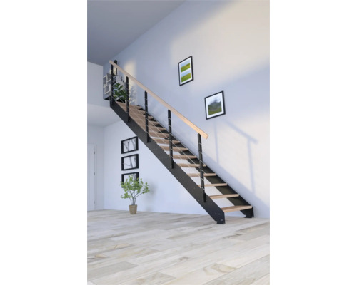 Escalier à limon latéral Pertura Libra hêtre bois lamellé-collé sans contremarches droit 105 cm 11 marches 12 pas de marche garde-corps à barres verticales noir