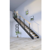 Escalier avec marches en bois et garde-corps en métal dans un espace de vie