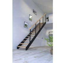 Escalier avec marches en bois et rampe en métal dans une pièce à vivre