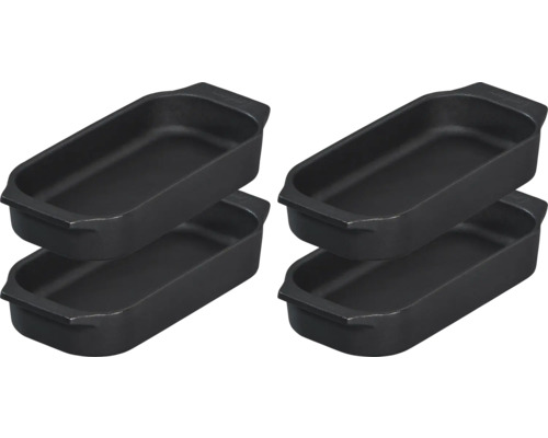 Quatre plats à gratin rectangulaires en fonte pour le four