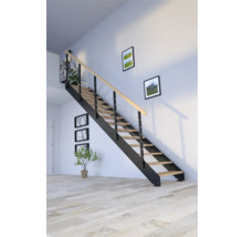 Escalier avec marches en bois et garde-corps en métal dans une pièce lumineuse