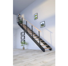 Escalier avec marches en bois, balustrade en acier et main courante dans une pièce lumineuse.