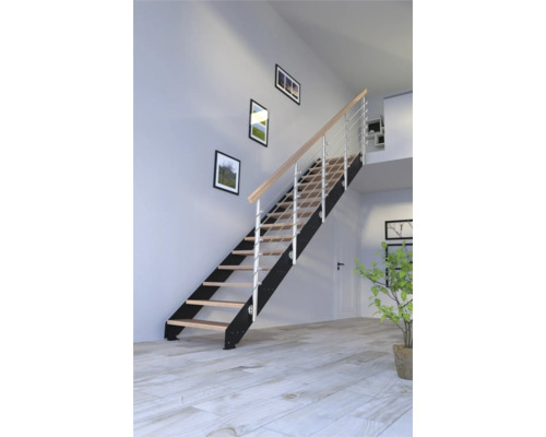 Escalier avec marches en bois et rampe en métal dans un espace de vie.