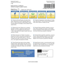 Sachet de graines Mertina F1 Capsicum annuum avec des informations sur le semis, la profondeur de semis, la germination, l''espacement et la récolte
