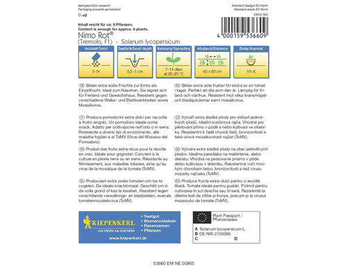 Samenpackung Nimo Rot Tremolo F1 Solanum lycopersicum mit Informationen zu Aussaat, Saattiefe, Keimung, Abstand und Erntezeit