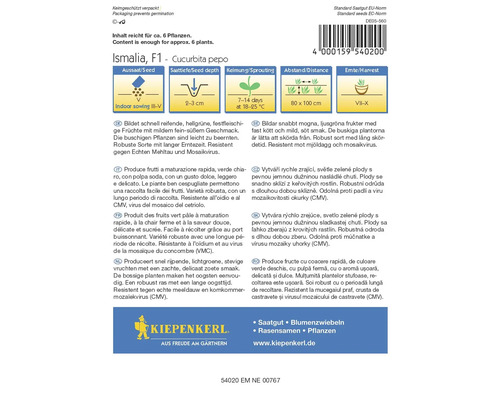 Paquet de graines de courge Ismalia F1 avec des informations sur le semis, la profondeur de semis, la germination, l''espacement et la période de récolte