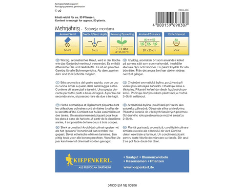 Paquet de graines de sarriette vivace des montagnes avec des informations sur le semis, la profondeur de semis, la germination, l''espacement et la récolte