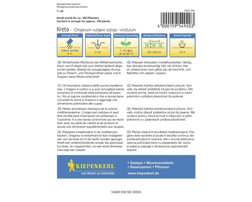 Emballage de la variété d''origan Kreta avec des informations sur le semis, la profondeur de semis, la germination, la distance et la récolte