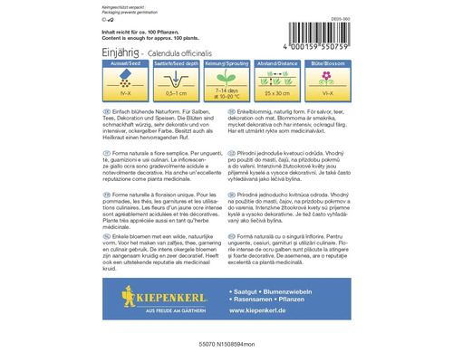 Calendula officinalis annuelle avec des instructions sur le semis, la profondeur de semis, la germination, l''espacement et la période de floraison