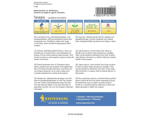 Tanagra Lavatera trimestris Blumensamenpackung mit Informationen zu Aussaatzeit, Saattiefe, Keimung, Abstand und Blütezeit
