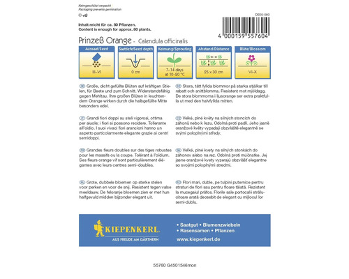 Samenpackung Ringelblume Prinzeß Orange mit Informationen zu Aussaat, Saattiefe, Keimung, Abstand und Blütezeit
