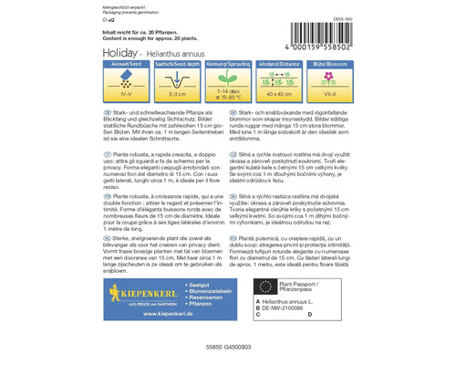 Verpackung von Holiday Helianthus annuus mit Informationen zu Aussaat, Keimung, Abstand und Blütezeit