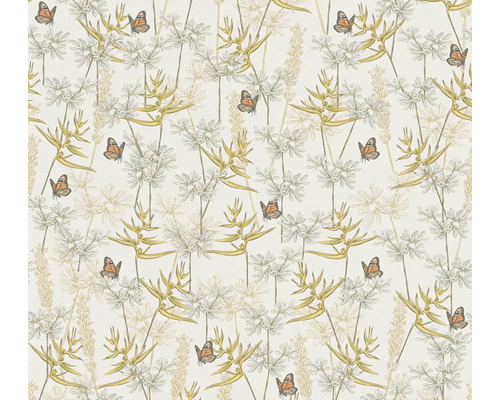 Papier peint intissé Drawn into Nature feuilles floral blanc Papier peint à motif de fleurs et de papillons