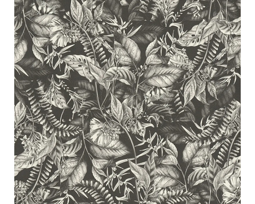 Papier peint intissé Drawn into Nature feuilles jungle floral naturel blanc noir