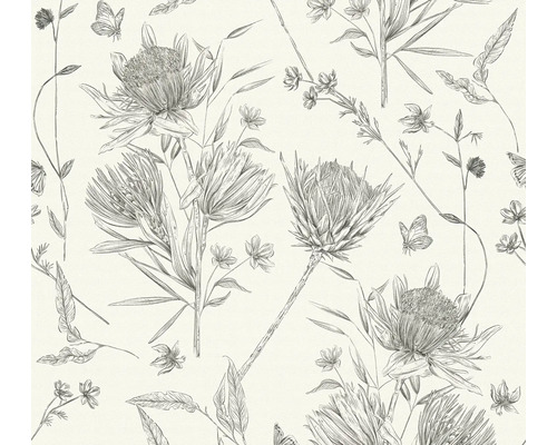 Papier peint intissé 39427-2 Drawn into Nature feuilles jungle floral naturel blanc noir